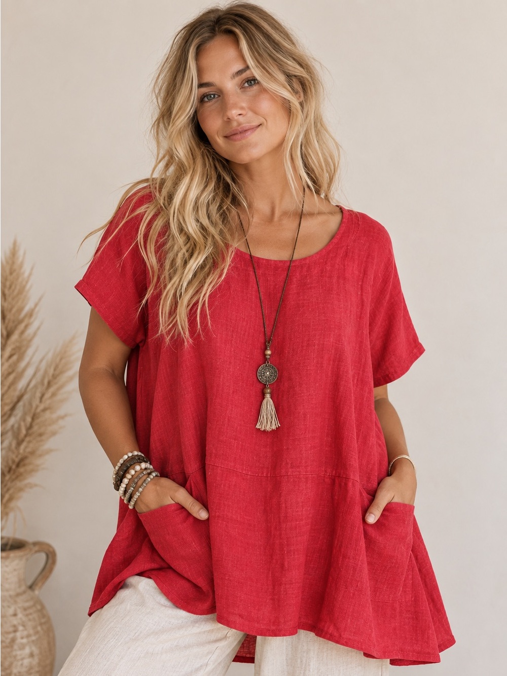 Beyond Capri Made in Italy 100% Linen Coral Red Tunic Top One Size